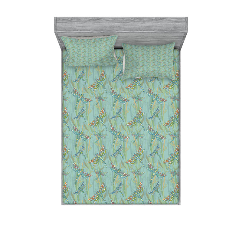 Ambesonne Dragonfly Fitted Sheet & Pillow Sham , Multicolor, Calking Fitted Sheet Set + 4 Pillow Cases