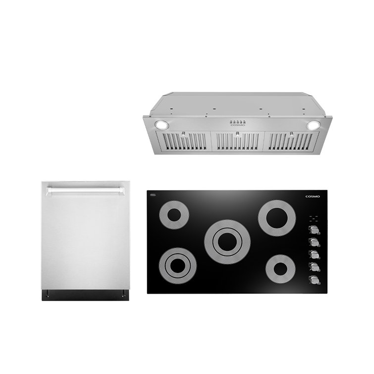 Cosmo 3 Piece Kitchen Appliance Package with 36'' Electric Cooktop , Built-In Dishwasher , Insert Range Hood , and Air Fryer