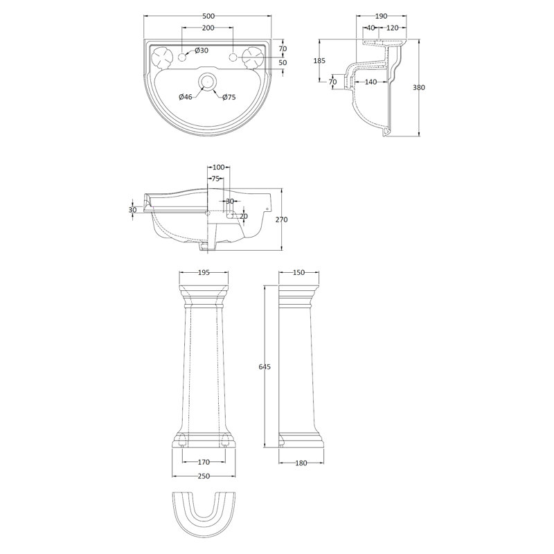 Nuie Chancery 500mm L x 400mm W Vitreous China U-Shaped Sink with Overflow