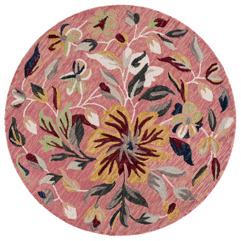 Laine touffetée à la main Jardin; Tapis d'intérieur floral en coton, Rond 5 pi