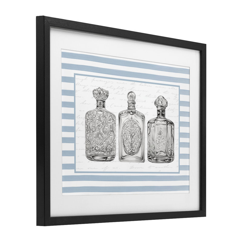 Ornement de bouteilles sur rayures bleues, reproduction encadrée sous verre, design avec lettres et doublure