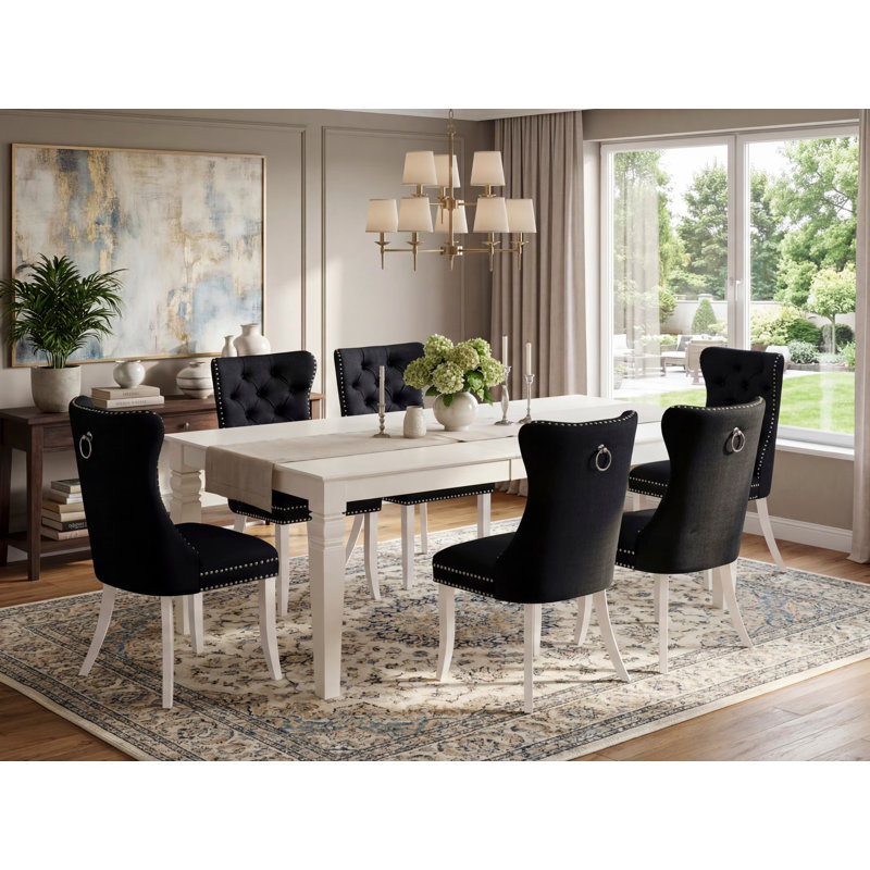 Ensemble de salle à manger 7 pièces comprenant une table de cuisine rectangulaire avec rallonge amovible et 6 chaises rembourrées, lin blanc