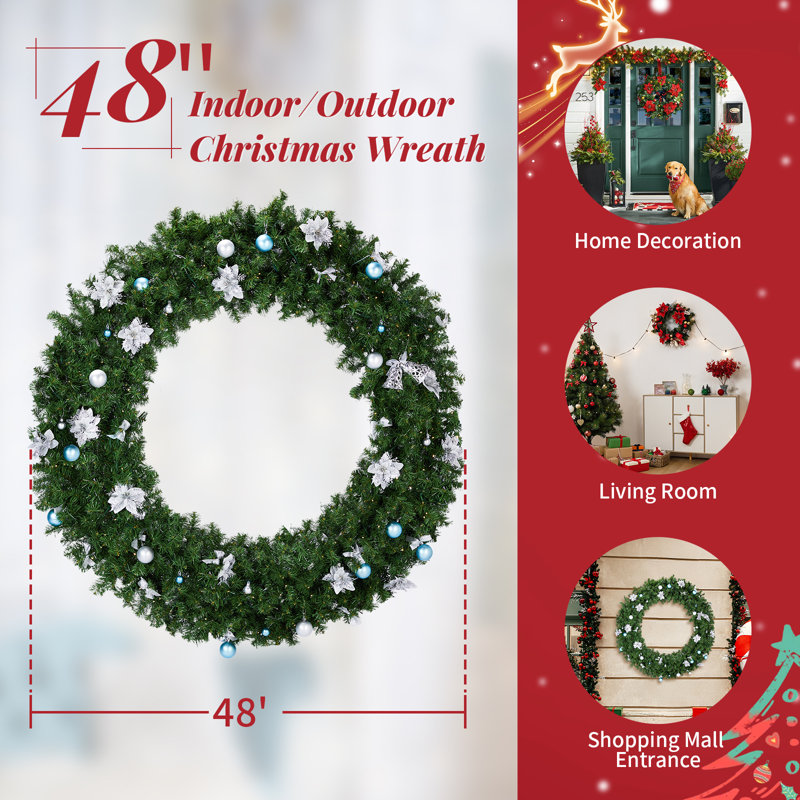 48'' Pre-Lit Christmas PVC Wreath With With Bells & Blue Silver Ornaments, 48" W x 48" H x 7" D