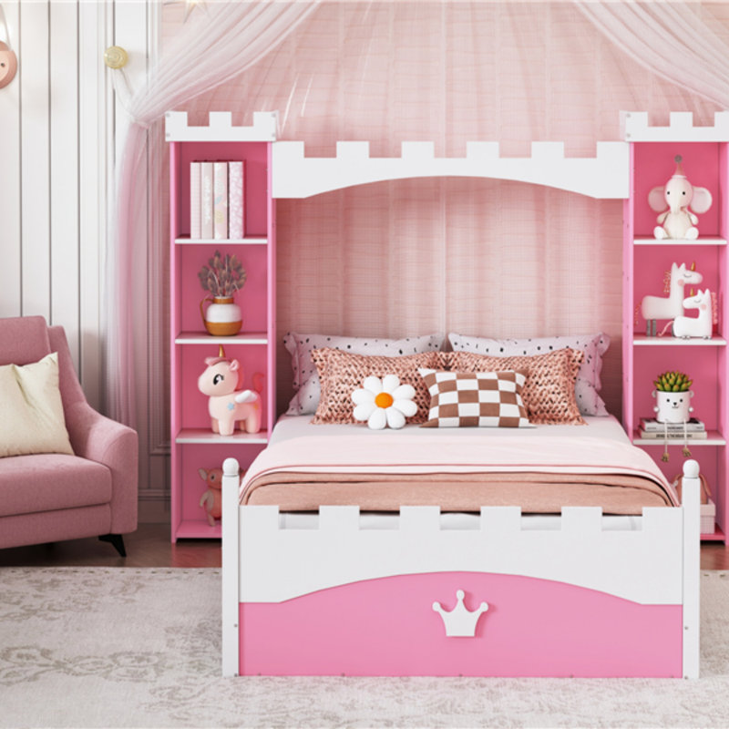 Lit en bois en forme de château avec tablette de rangement, lit plateforme simple Dreamy pour chambre d'enfant, cadre de lit