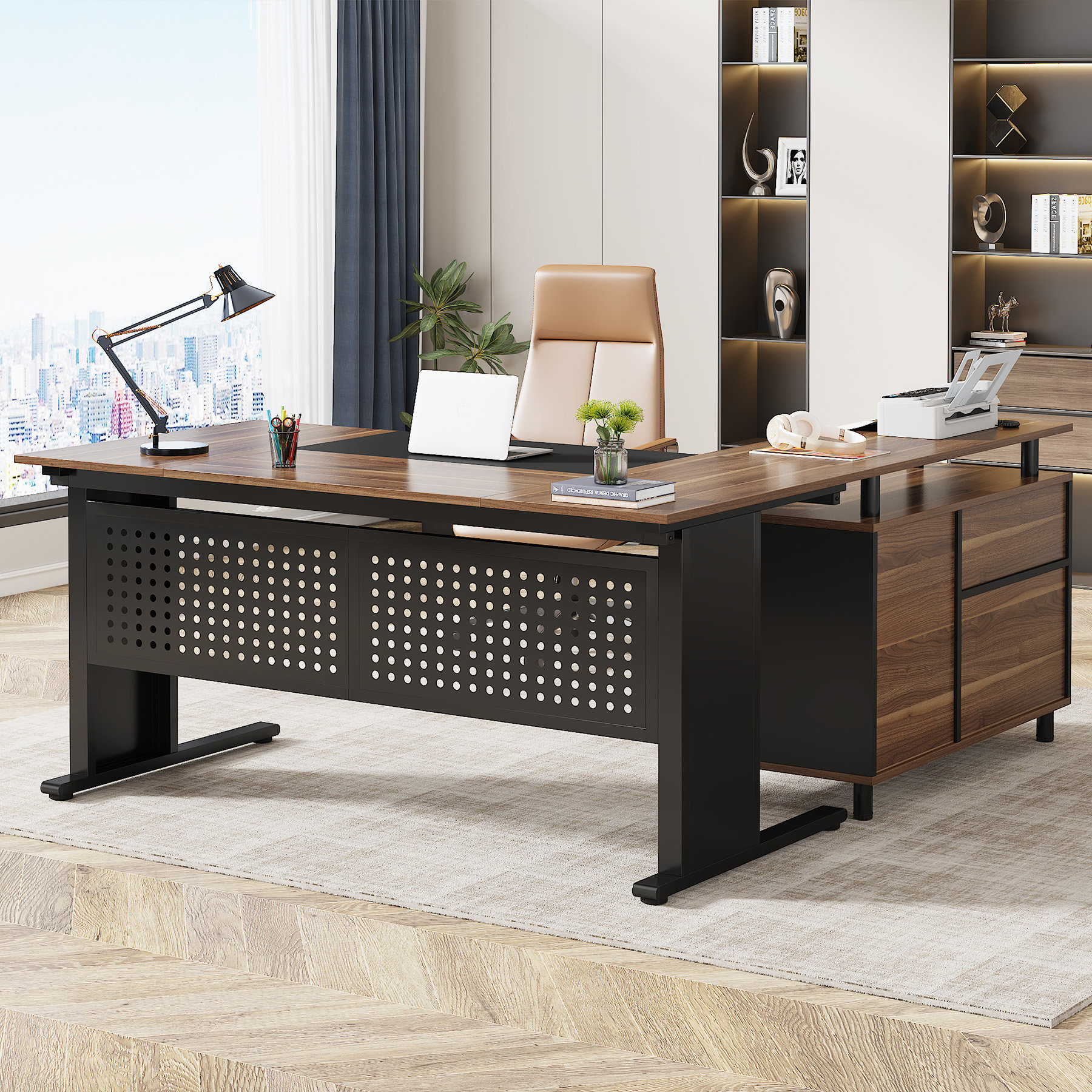 70.9 Modern Black L-Shape Executive Desk Drawers & Cabinet Large Office  Desk Right Hand
