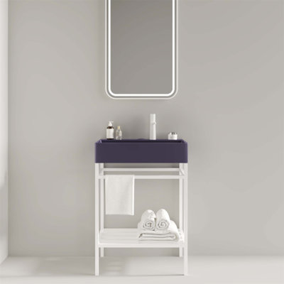 24 Inch Freestanding Bathroom Vanity With Ceramic Basin, Open Metal Legs, And Storage Shelves, Glossy Purple Finish