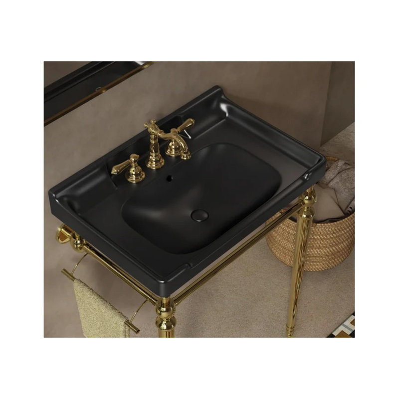 Lavabo de salle de bain en céramique 28 po, 3 trous de robinet pré-percés, finition noire, conception intégrée, sans armoire incluse