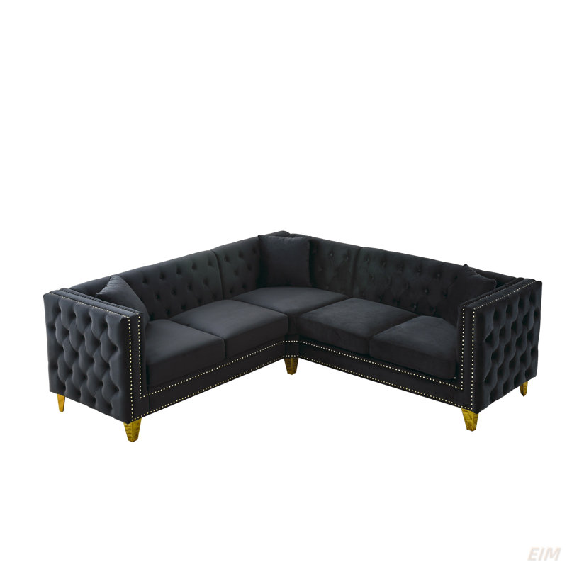 Canapé modulaire en L avec coussins Stoughton, Velours noir