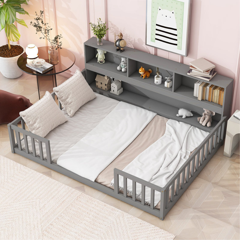 Full Floor Bed With Side Bookcase,Shelves,Guardrails,Grey, Gray
