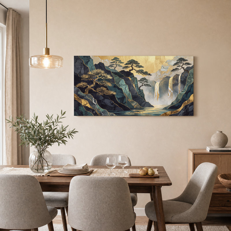 Montagne, cascade de montagne, feuille d'or, art mural, L 46 po x H 24 po