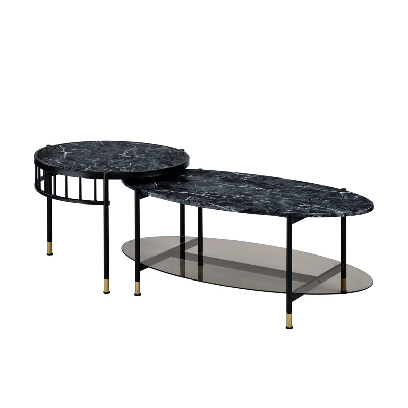 2 Nesting Tables With Faux Marble Tops And Space Design Elegant Black Construction Metal Frames