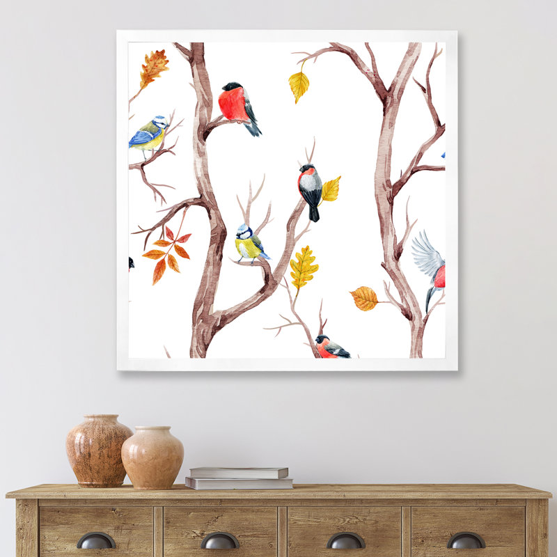 Arbres d'automne et petits oiseaux - Peinture sur toile, Toile blanche encadrée, H 36 po x l 36 po x 1,5 po