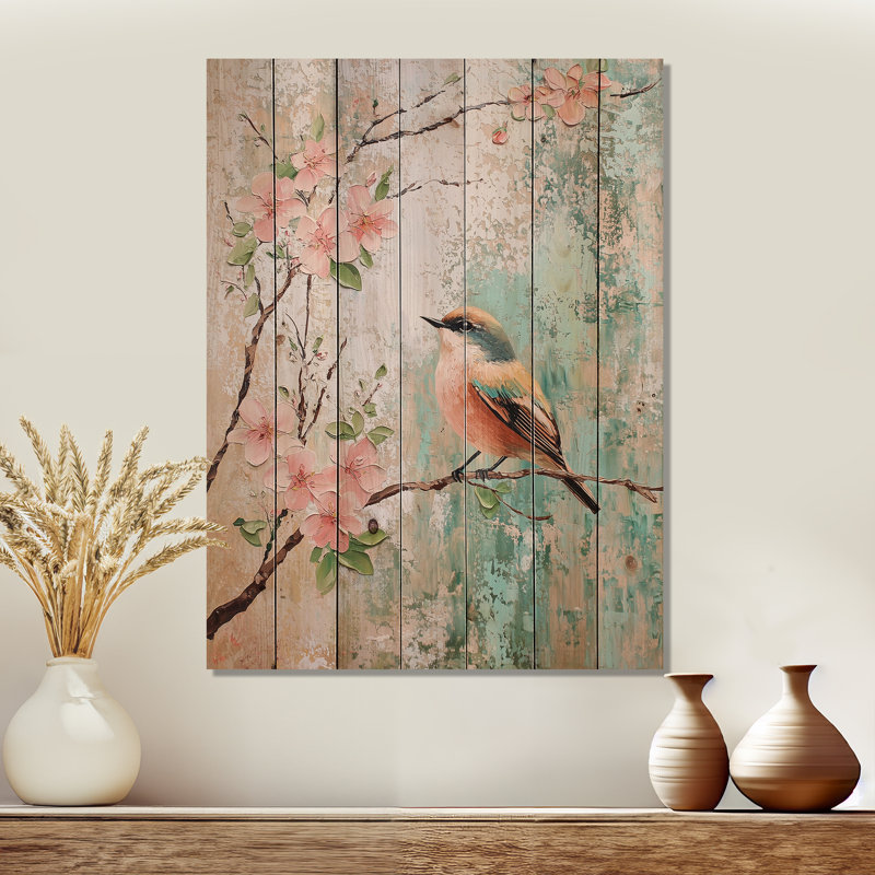 Oiseau Robin en été I - Art mural moderne en bois sur bois de pin naturel, H 20 po x l 10 po