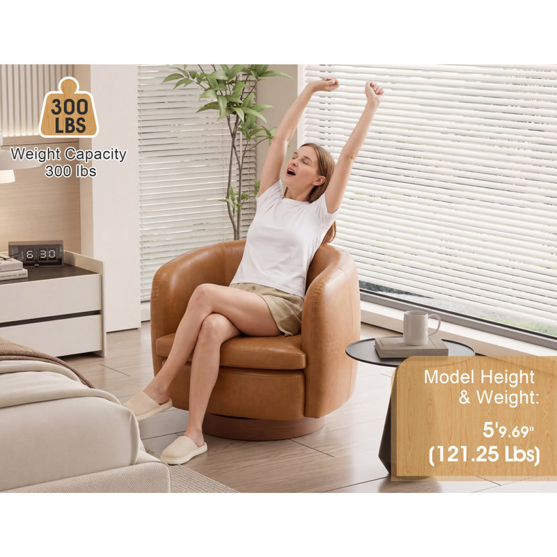 35" Wide Modern Swivel Faux Leather Upholstered Barrel Chair, Brown, Faux Leather