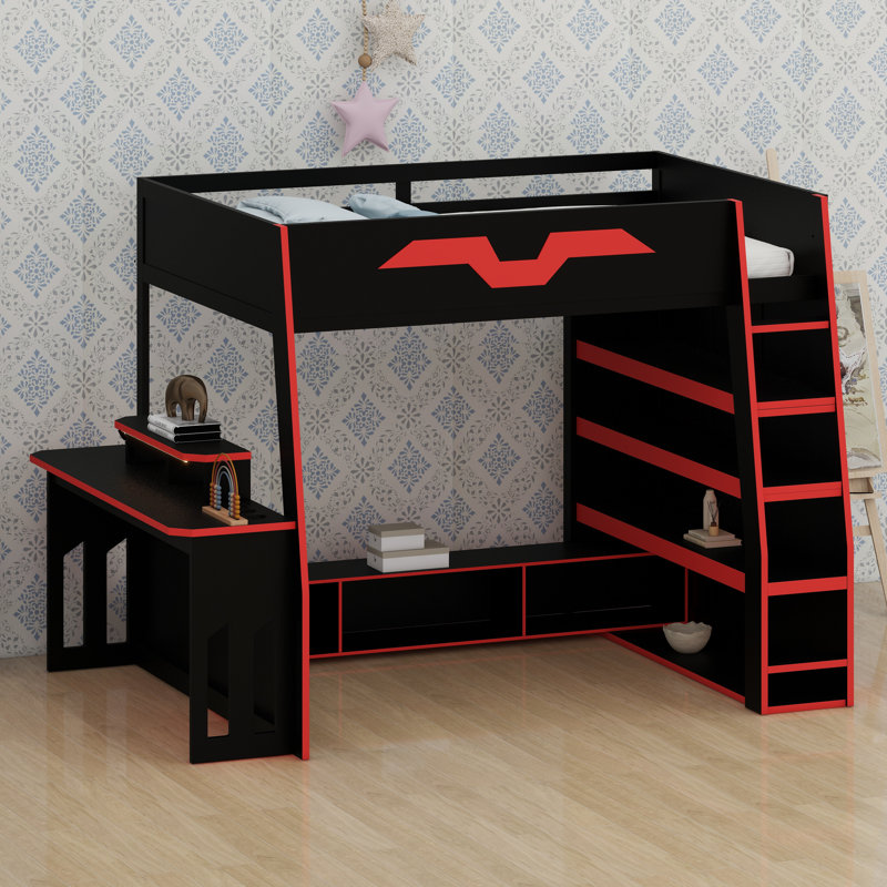 Elevated Bed Frame Featuring Workspace, Versatile Shelving, Color-Changing Lights, and Movable Desk, Red
