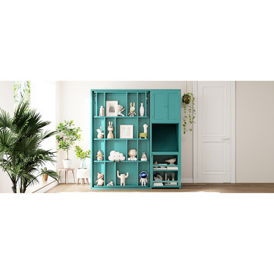 Lit simple bleu sarcelle rotatif avec bibliothèque intégrée, rangement pour armoire supérieure, bureau escamotable et unités de rangement latérales intégrées au mur, espace peu encombrant, table de travail pliable et tablette supplémentaire