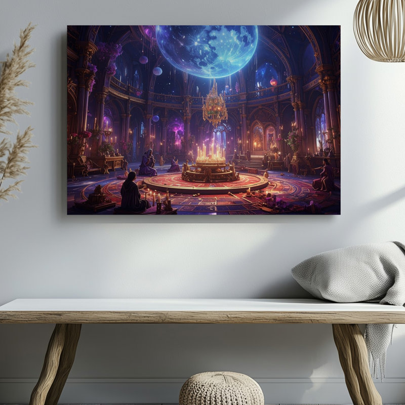 Toile d'art lunaire rassemblant un couloir arcanes avec bougies flottantes et cristaux, H 11 po x l 14 po
