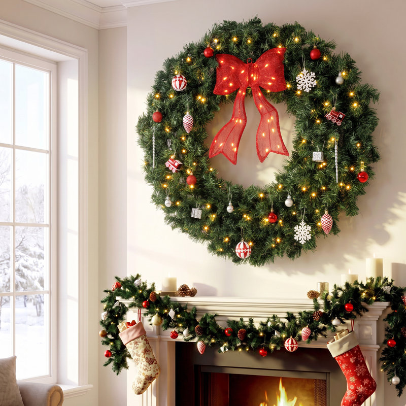 Couronne de Noël artificielle pré-illuminée de 91 cm (36 po), verte