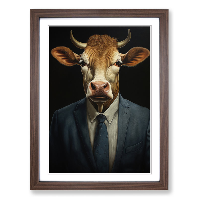 Cow In A Suit No.3 - Single Picture Frame Print on Wood, Walnut , 46cm H x 34cm W x 2cm D