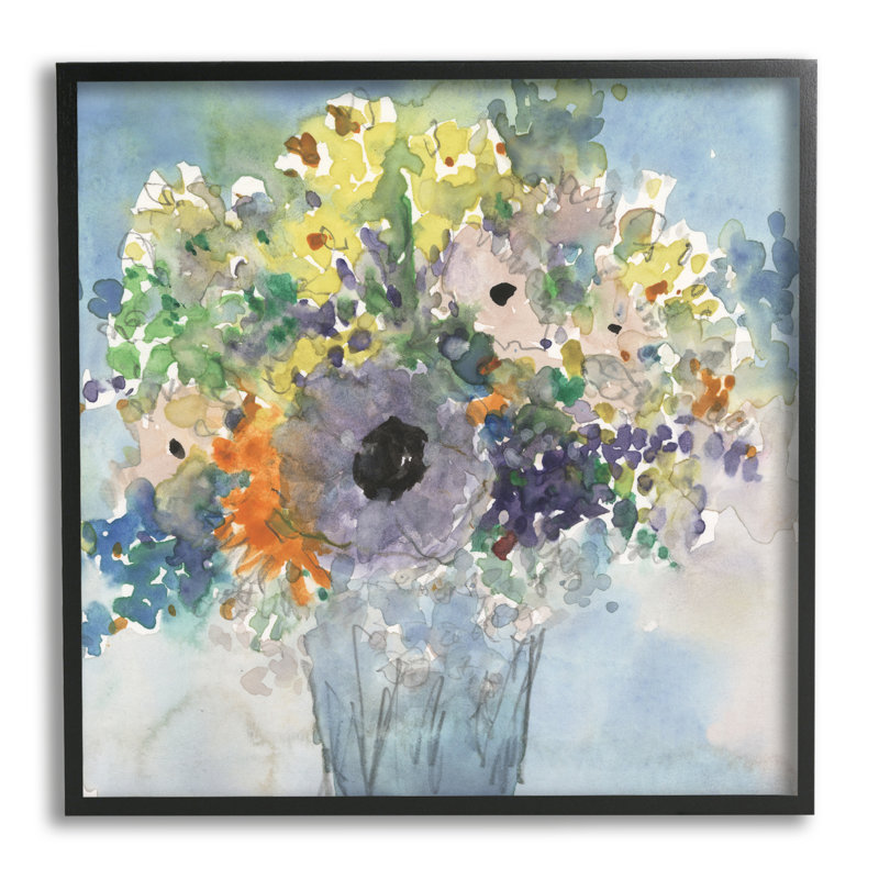 Az-408, aquarelle de bouquets bleus encadrée par Samuel Dixon, H 17 po x l 17 po x P 1,5 po, Giclée encadrée noir minuit