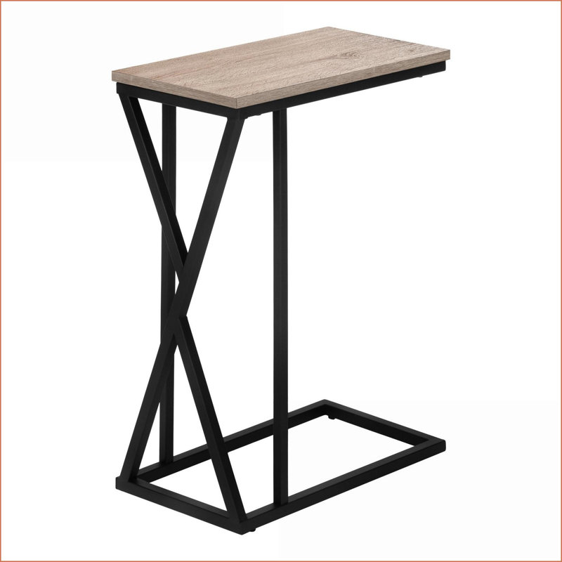 Table basse en forme de C légère et compacte pour le salon et la chambre à coucher: aspect bois taupe foncé et métal noir, base coulissante