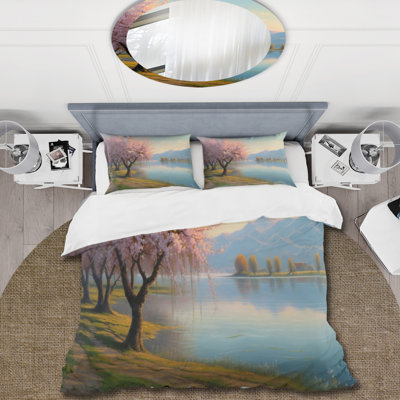 Cherry Blossom Trees By The Water II BeddingMicrofiber / Polyester Duvet Cover Set