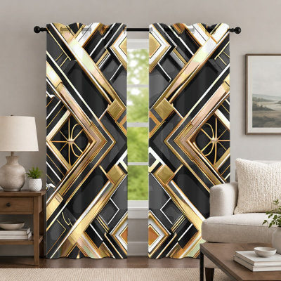 2Pcs Geometric Curtains, Art Deco Style Drapes, Modern Metallic Stripe Printed Grommet Window Panels, Stylish Home Decor for Bedroom Living Room