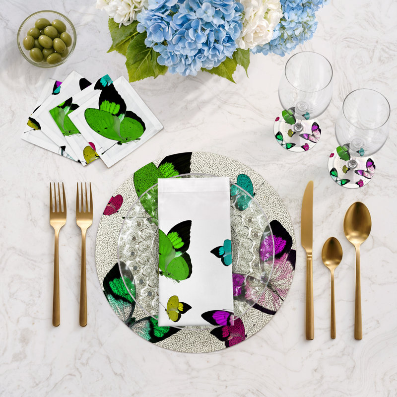 Butterflies Vegan Leather Round Pebble Placemat, Acid Green