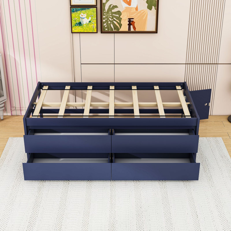 Lit plateforme de rangement en bois avec tiroirs, Lit simple, Navy Blue