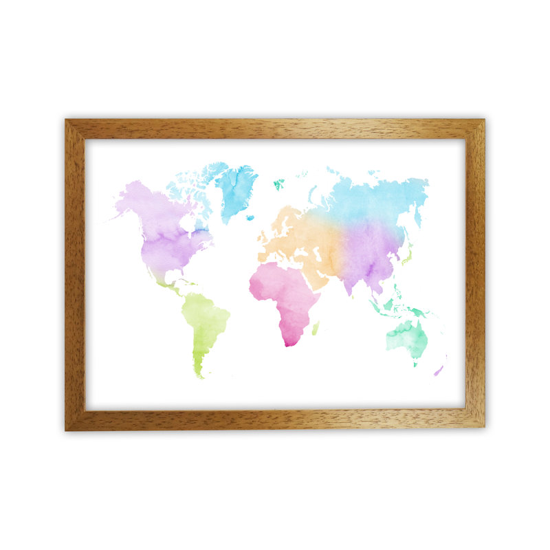 Watercolour World Map - Pastels - Print, 64cm H x 88cm W x 3cm D, Brown Framed