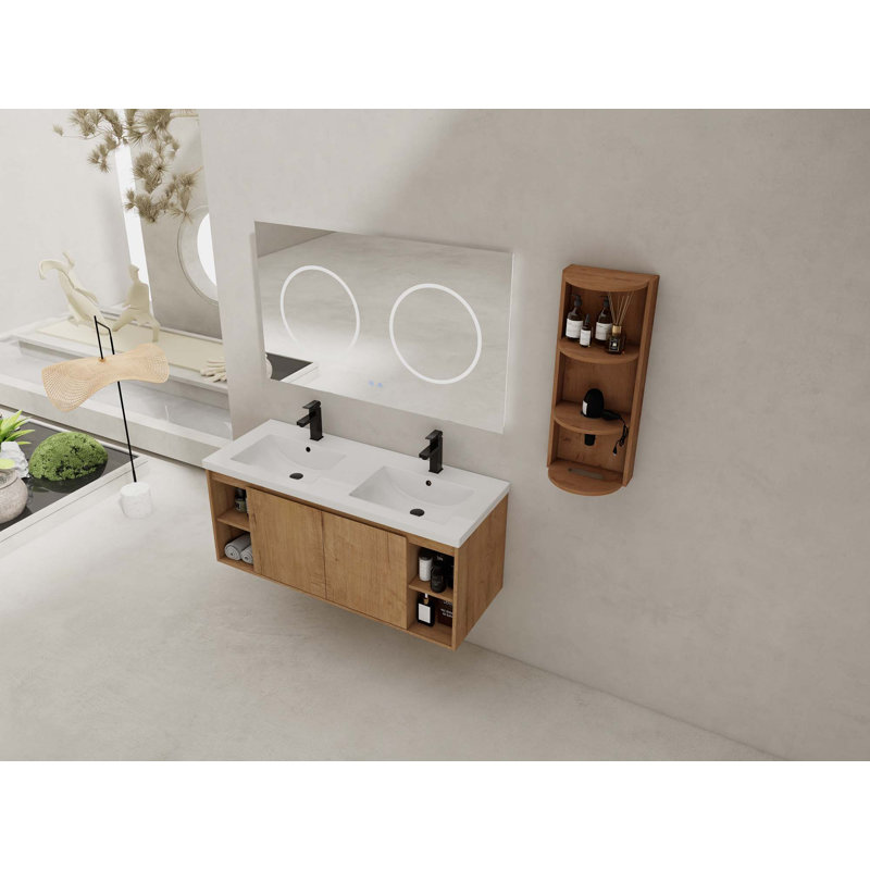 Meuble-lavabo mural 48 po avec double lavabo et support de rangement, portes à fermeture en douceur (emballage KD)