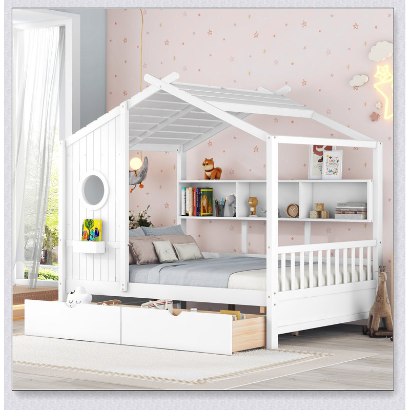 Lit double en bois avec 2 tiroirs et tablette de rangement, parfait pour jouer et dormir, White