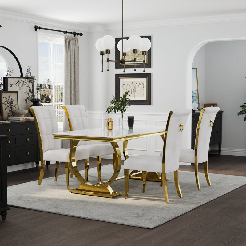 Ensemble de table de salle à manger avec 6 chaises en velours, 5, Blanc / or, Blanc / or
