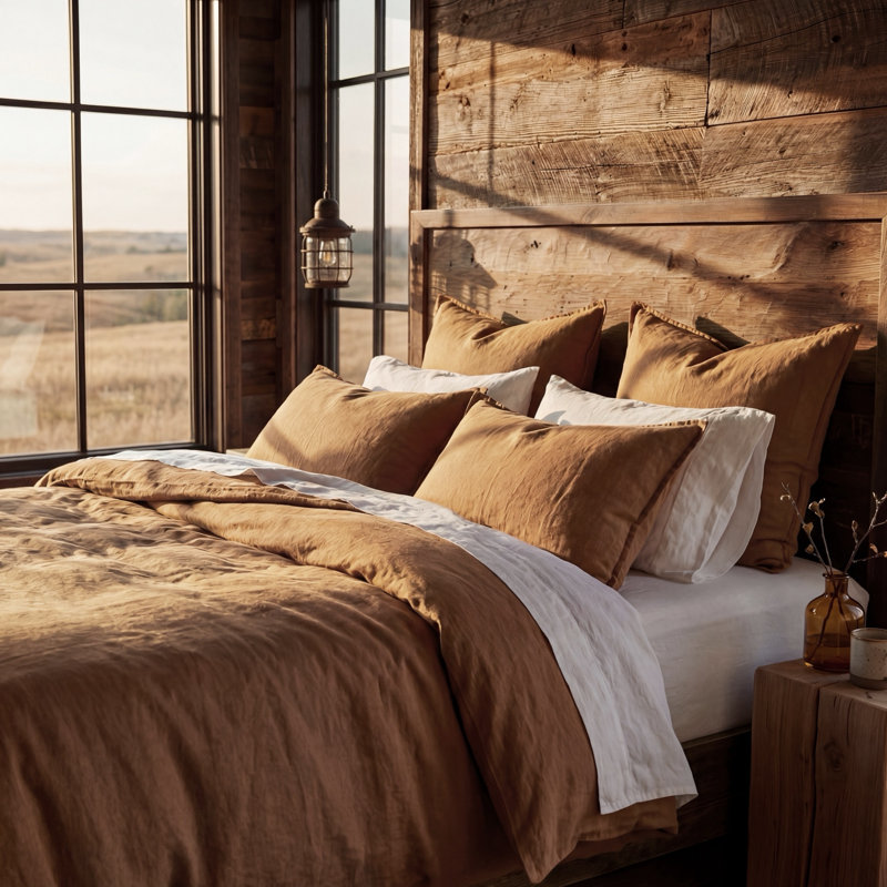 100% Linen French Flax Modern Rustic Farmhouse 3 Piece Duvet Cover Set, Queen Duvet Cover + 2 Standard Shams, Adobe