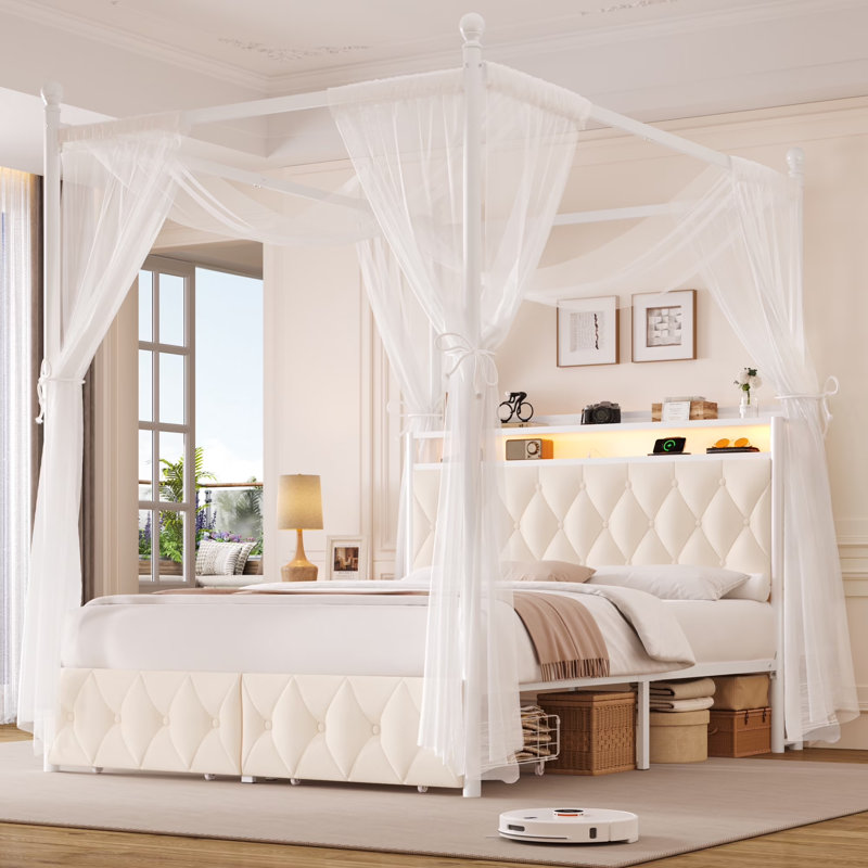 ⭐️ Lit princesse magique pour enfants | Pleine grandeur avec lumières DEL et chargement USB | Crème, Crème, Lit double