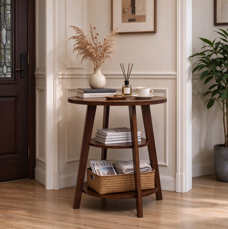 Table d'appoint en bois d'hévéa massif, table de chevet ronde à 3 niveaux, présentoir polyvalent pour le balcon de la chambre du salon