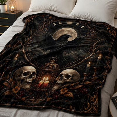 Gothic Raven Skull Throw Blanket, Mystical Full Moon Art Print Fleece Blanket for Bed, Sofa, Couch, Bedroom Decor, Cozy Home Accessory