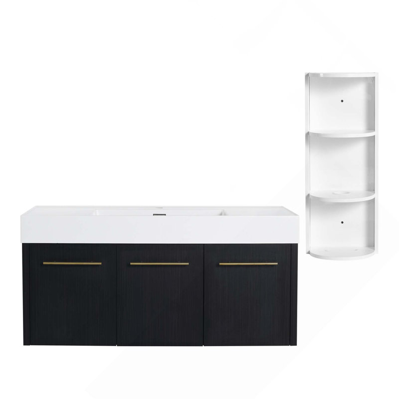 Meuble-lavabo mural avec lavabo et support de rangement, bassin en résine à bords épais, ensemble KD, 48"