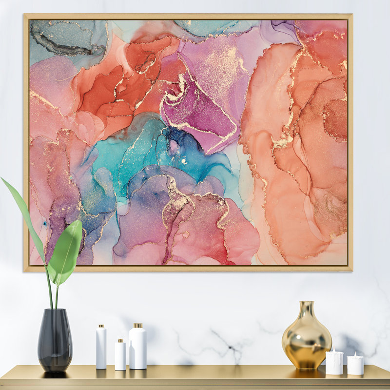 " Turquoise And Brown Luxury Abstract Fluid Art III " Painting Print, 30" H x 40" W x 1.5" D, Maple Floater Framed