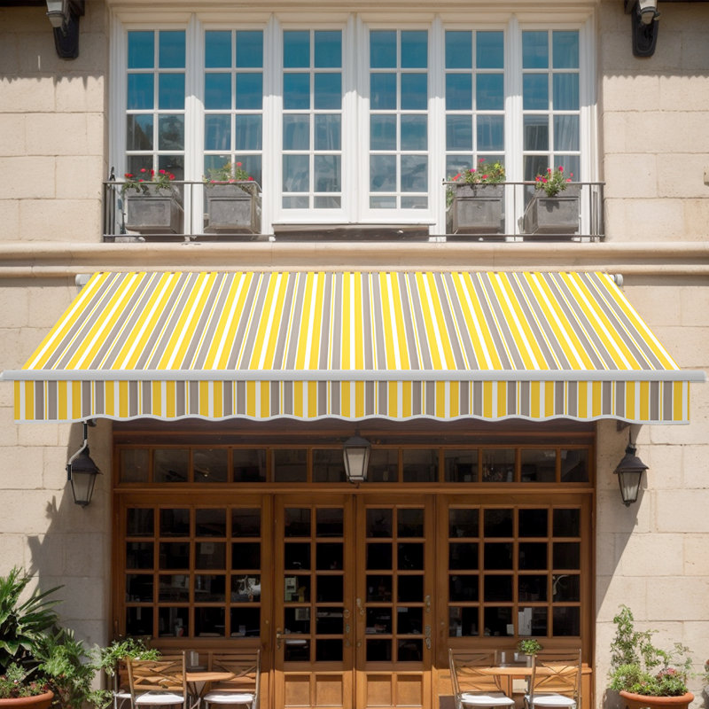 Manual Retractable Awning For Patio And Windows - Sturdy Aluminum Frame, Heat Reduction, Water-Resistant Fabric, Gray/Yellow