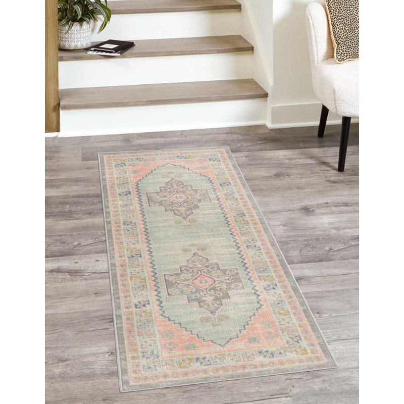 Tapis oriental rose poudré Pointe, Tapis de couloir 2 pi 7 po x 12 pi