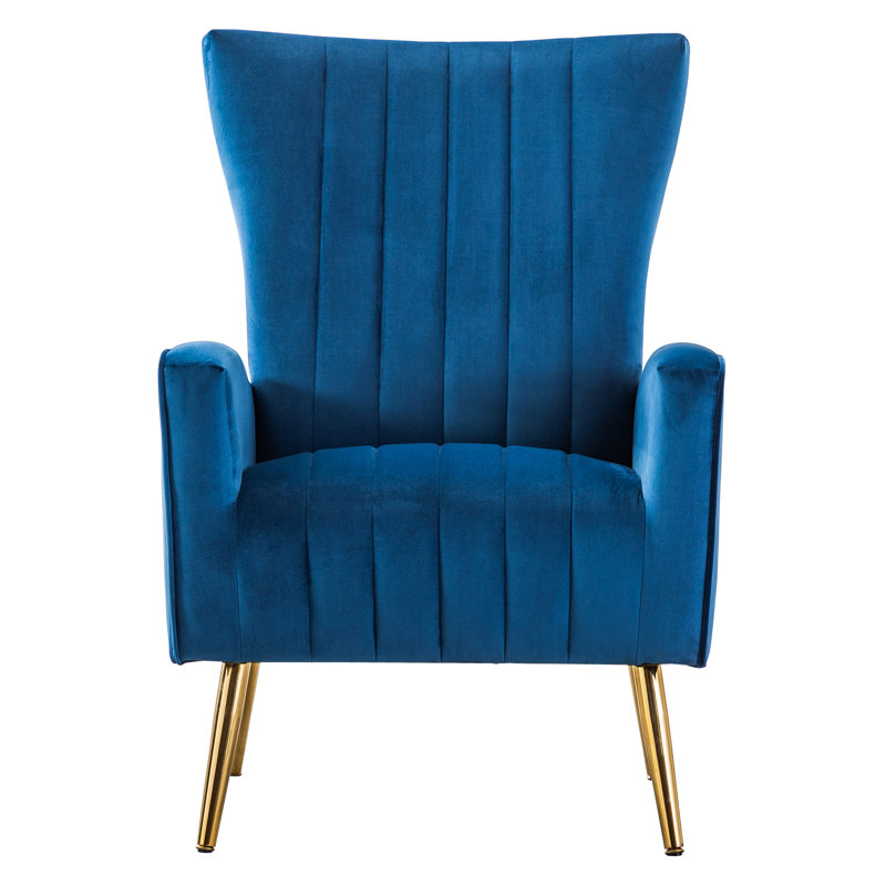 27“ Wide Velvet Upholstered Armchair with Golden Legs, Blue Fabric