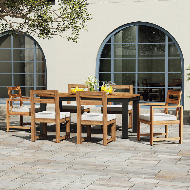 Ensemble 7 pièces de table de patio et chaises, ensemble de table de salle à manger en bois pour 6 avec trou pour parasol