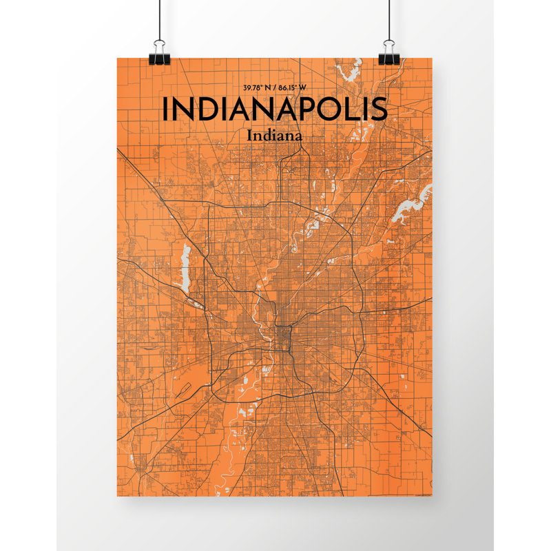 «Indianapolis City Map», reproduction d'impression sur affiche en orange, H 24 po x l 18 po