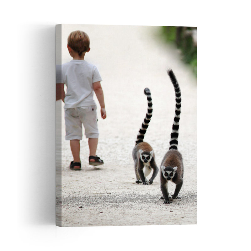 Child And Ring-Tailed Lemurs Playful Abstract Contemporary Animal Nature Wall Art Print by Anna Cseresnjes - Print
