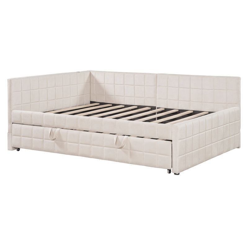 Full Upholstered Tufted Corner Daybed With Trundle And Usb Ports, Beige