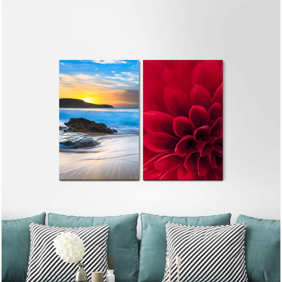 2-tlg. Leinwandbilder-Set - Fotografie „Dahlia Dream Beach Island Holiday Paradise Red Blossom Sunset Horizon”