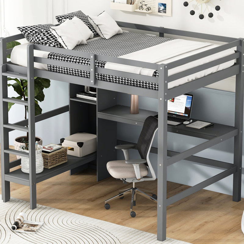 Lit mezzanine double gris avec bureau intégré et tablettes à tampons multifonctions, base en bois de pin, structure à croquis sans ressorts,