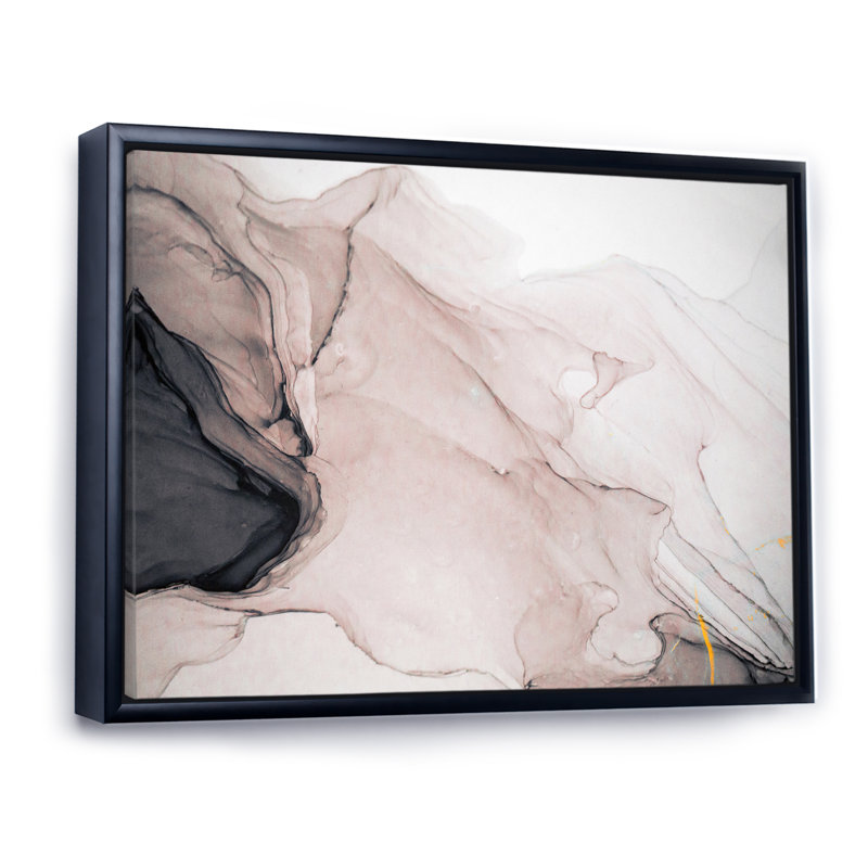 Gris et blanc marbré fluide - art mural moderne sur toile, H 12 po x l 20 po x P 1 po, Toile avec cadre flottant noir