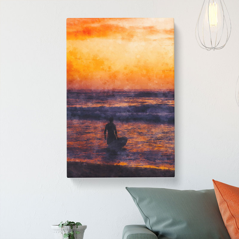 Surfer At Sunset - Wrapped Canvas Painting, 76cm H x 45cm W x 4cm D